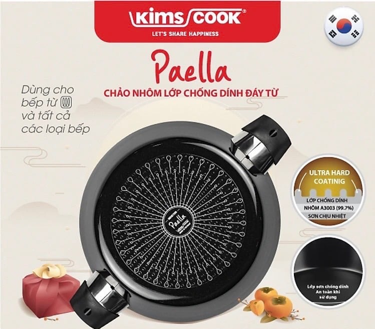 Chảo hợp kim nhôm chống dính 2 quai KIMS COOK Paella 30cm đáy từ