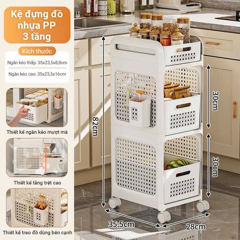 MK36 - Kệ đựng đồ bằng nhựa PP cao cấp 3 tầng có bánh xe GHA51
