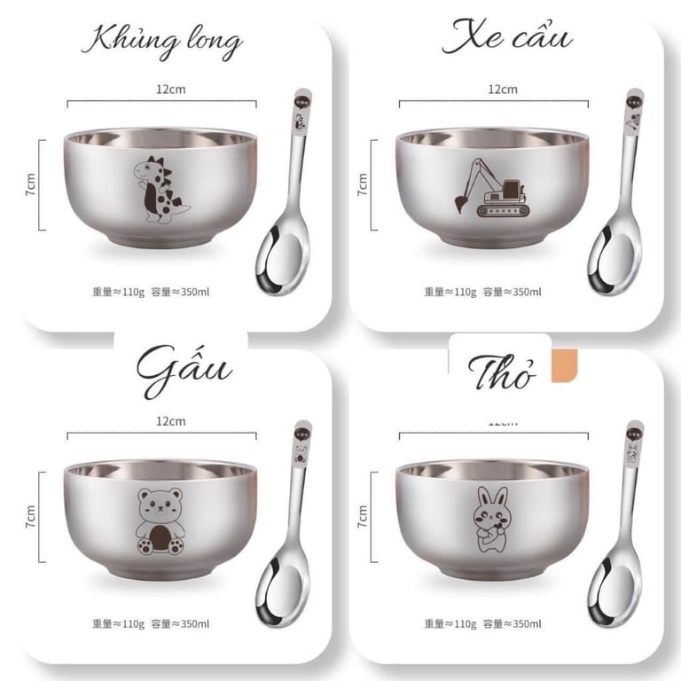 Bát kèm thìa ăn dặm cho bé inox 304 hoạ tiết hình thú