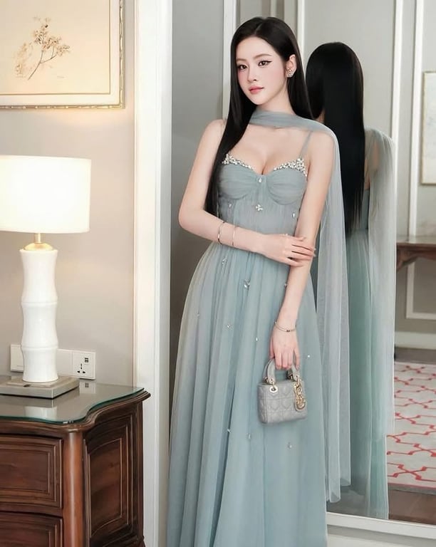 Đầm 2 dây kèm khăn voan xanh dương - DT288