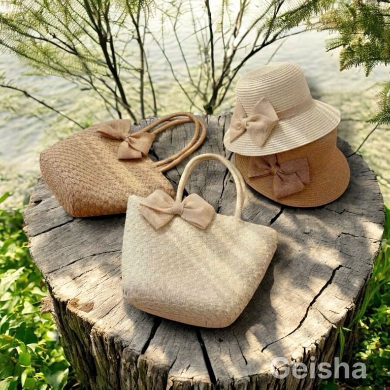 HNG29 -  Set Túi Mũ Cói Geisha đính nơ - Phong Cách Vintage Nhẹ Nhàng