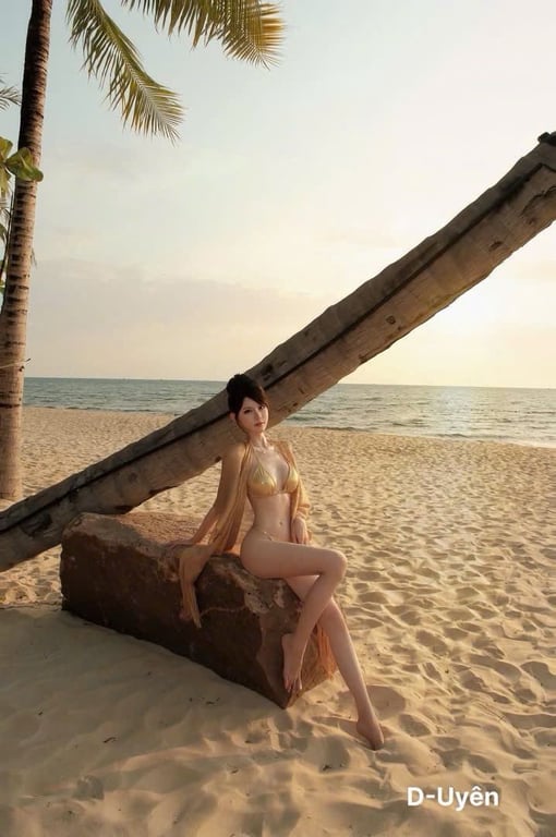 Set bikini vàng óng, kèm choàng bling