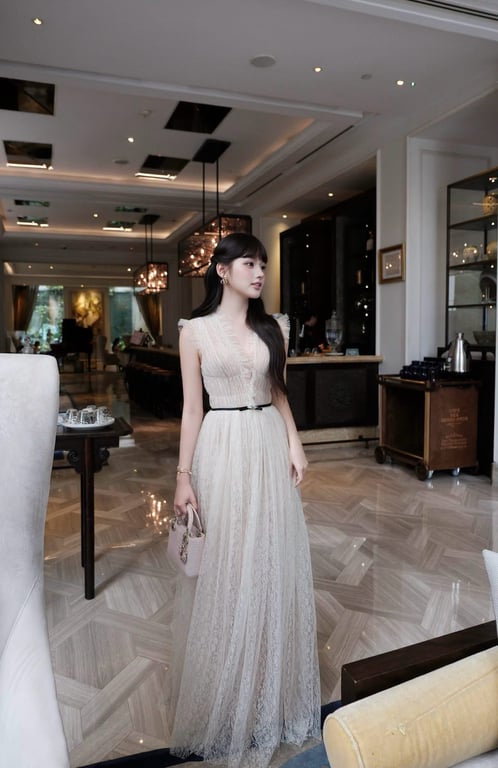 ChouChou - Váy kem lưới ren mềm - sz S