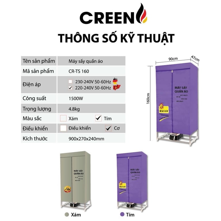 Tủ Sấy Quần Áo Creen CR-TS 160 size to công suất lớn.