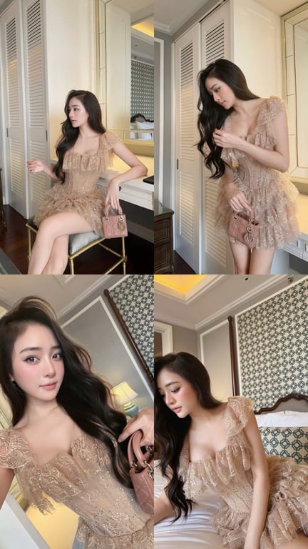 Đầm nâu ngắn ren kim sa bèo tầng