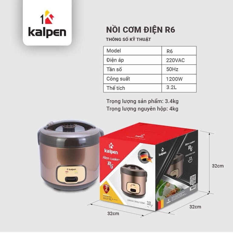 NỒI CƠM ĐIỆN CAO CẤP KALPEN R6 DUNG TÍCH LỚN 3,2L