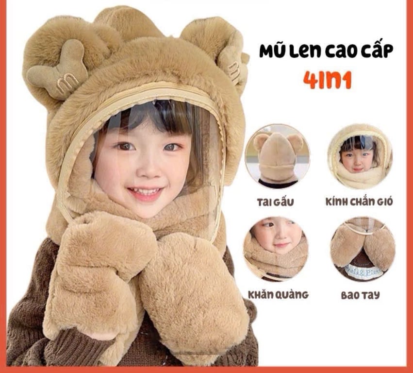Mũ Tai gấu chữ M 944 kèm kính cho Trẻ Em từ 3-12 tuổi,