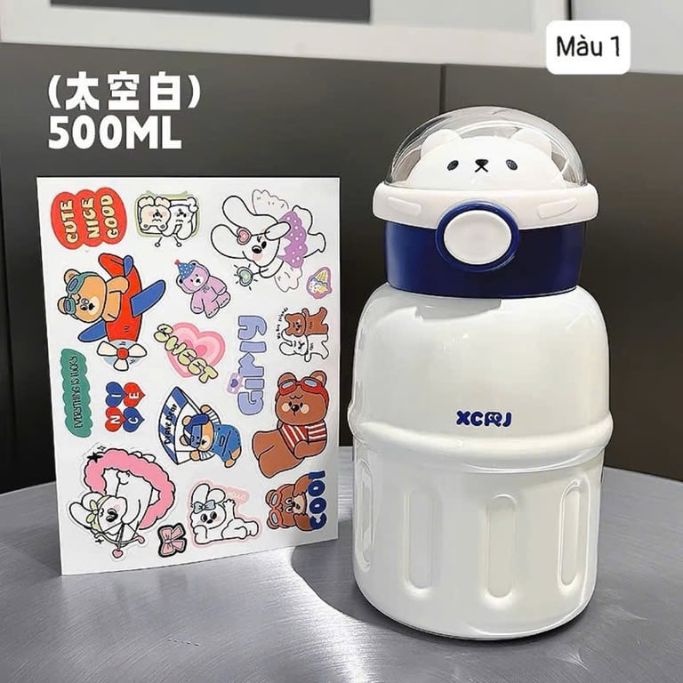 BÌNH GIỮ NHIỆT GẤU KÈM STICKER DÁN CUTE 500ml