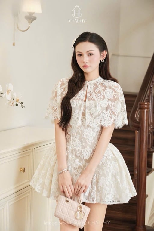 Đầm ren Rose kèm choàng brand Châu Hy