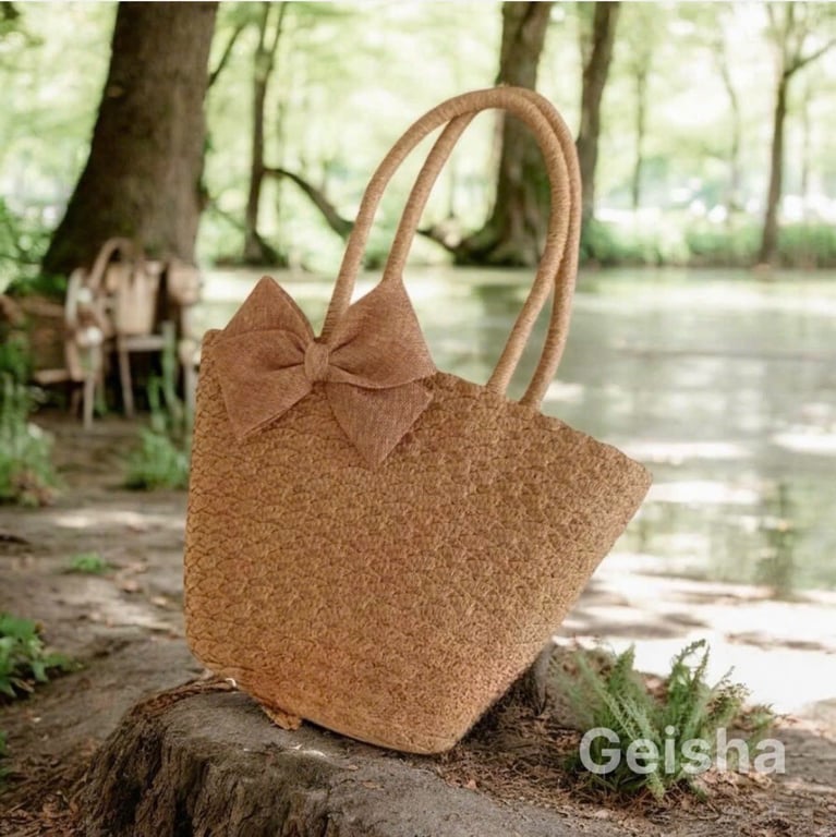 HNG29 -  Set Túi Mũ Cói Geisha đính nơ -Phong Cách Vintage Nhẹ Nhàng