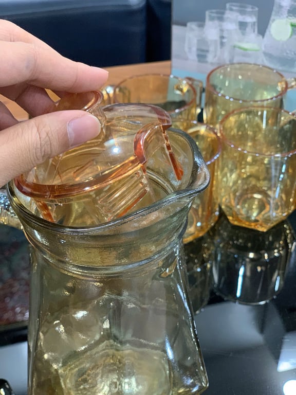 Set 7 món bình cốc thuỷ tinh kim cương hổ phách (6 cốc +1 bình)