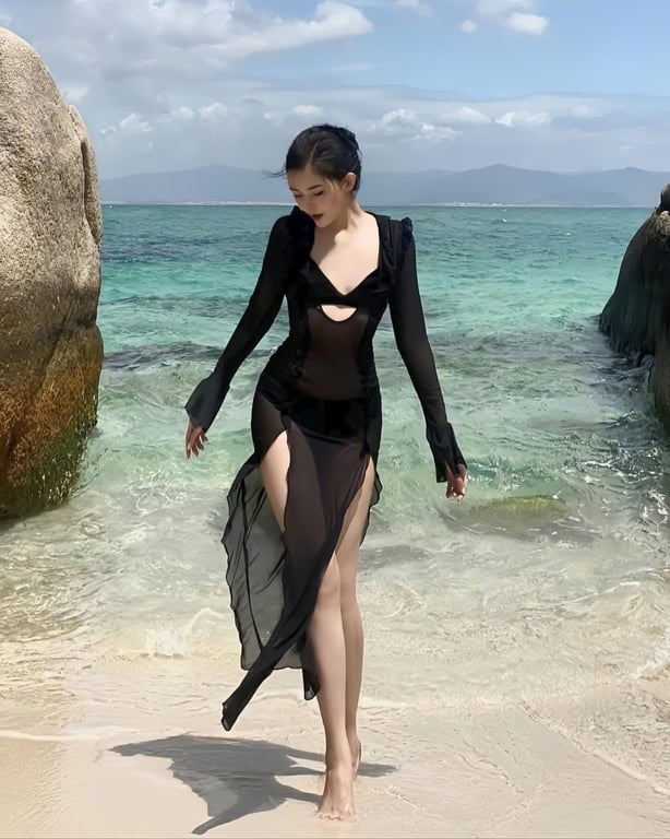 Set bikini đen lưới dài tay - DT213