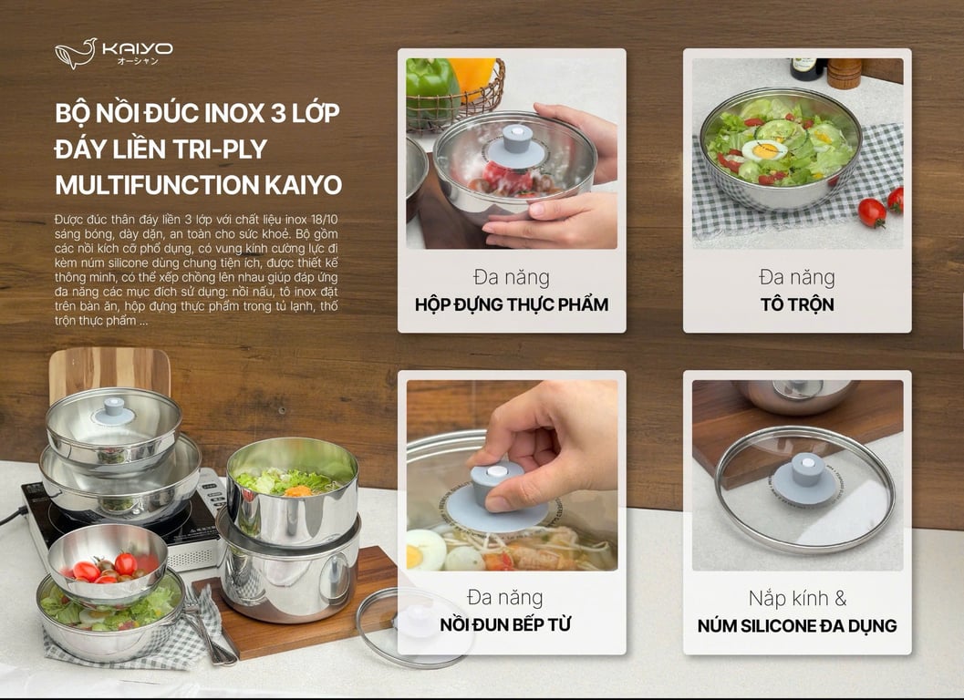 Set 2 nồi đa năng kiêm âu đựng thực phẩm triply Kaiyo