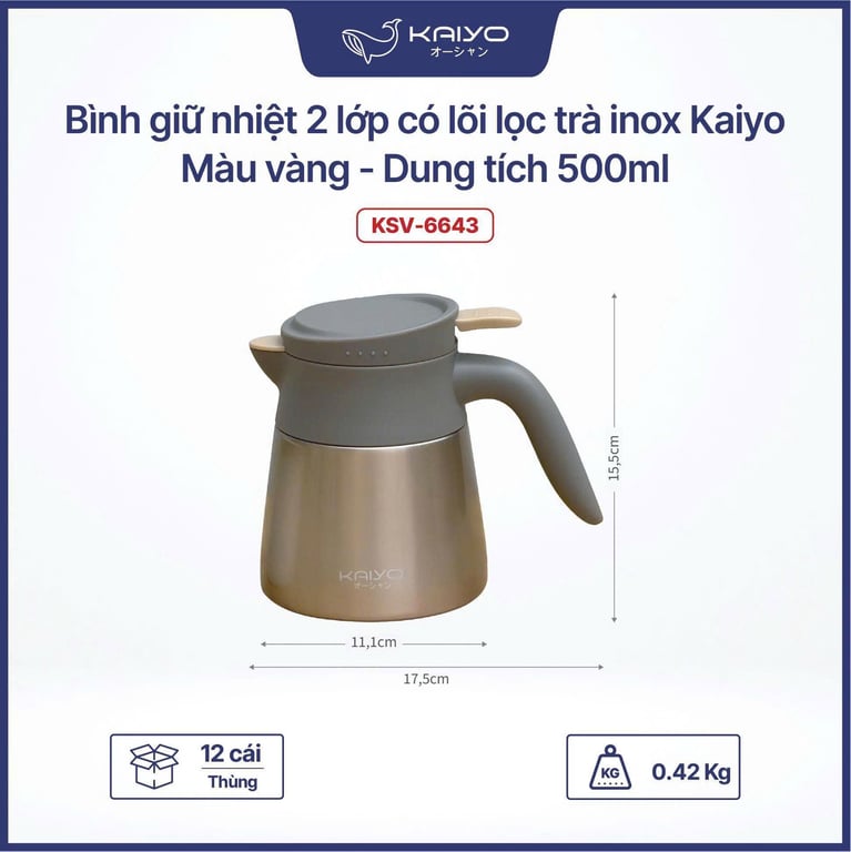 Bình giữ nhiệt pha trà kèm lõi lọc inox 304 Kaiyo 500ml