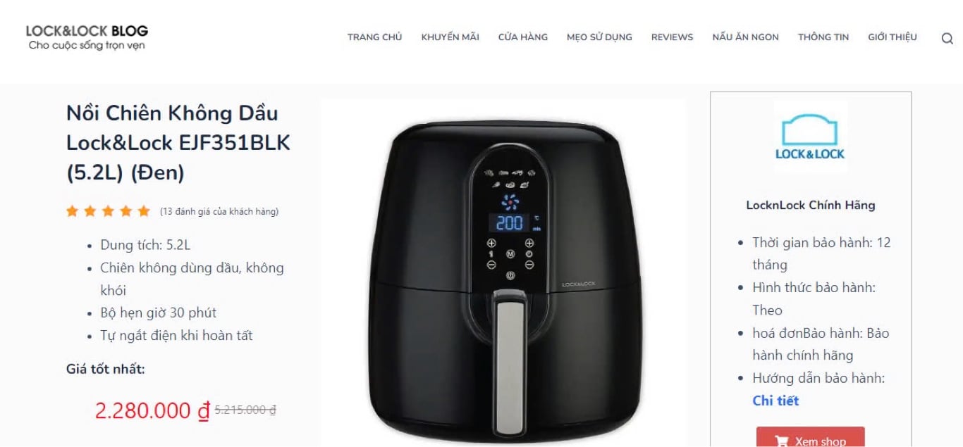 NỒI CHIÊN KHÔNG DẦU ĐIỆN TỬ LOCK&LOCK EJF351BLK 5.2L 1800W