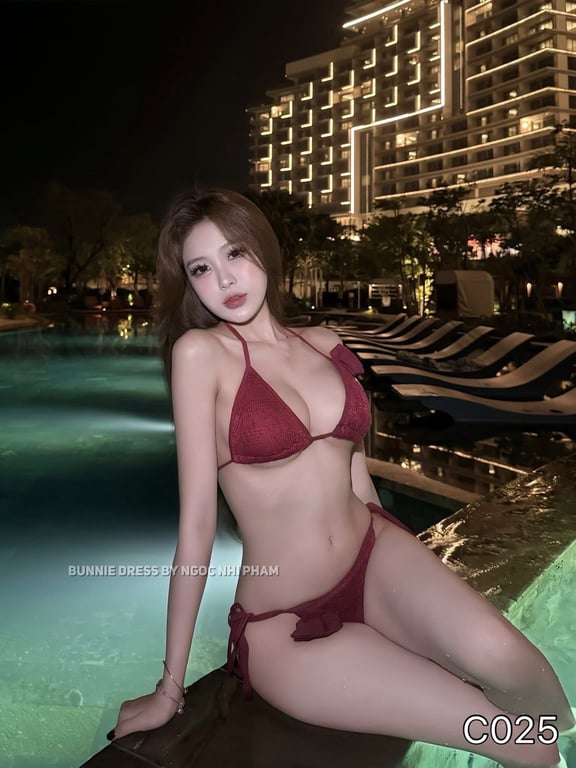 C025- set bikini đỏ 3 món kèm quây
