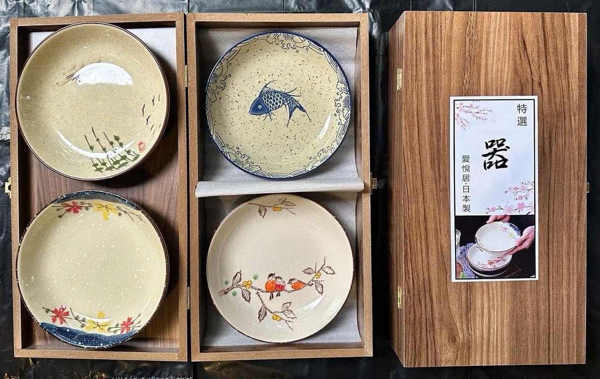 🌸 Bộ Tô – Đĩa Gốm Sứ Nhật Bản Aijuku Cao Cấp Men Chìm