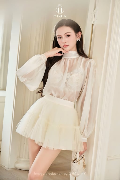 Set 3 món váy ren phồng phối áo bra ren trắng