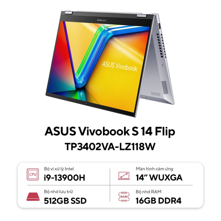 Laptop Asus Vivobook S 14 Flip TP3402VA-LZ118W (i9-13900H, Iris Xe Graphics, Ram 16GB DDR4, SSD 512GB, 14 Inch IPS WUXGA 60Hz TouchScreen)
