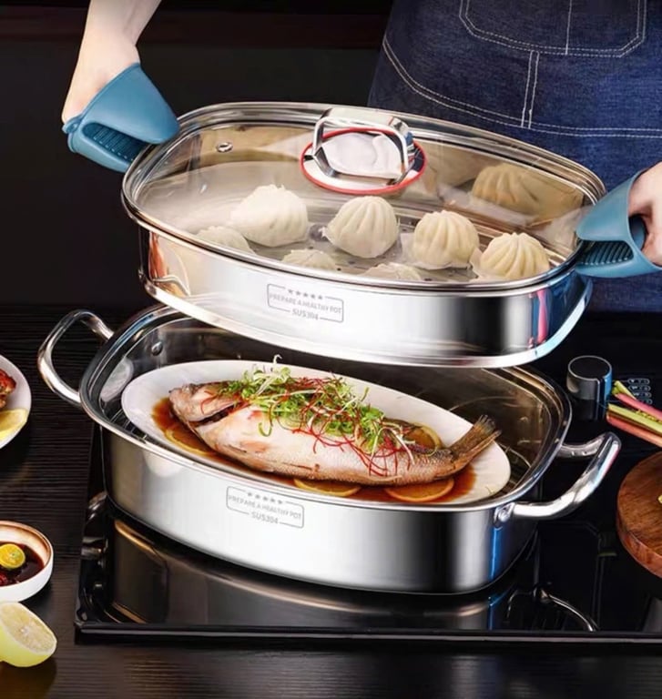 RK718 - NỒI HẤP CÁ 2 TẦNG INOX 304