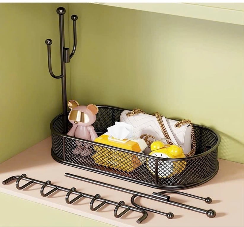 Kệ Inox 2 Tầng Có Thanh Cheo Kèm 5 Móc Tiện Lợi