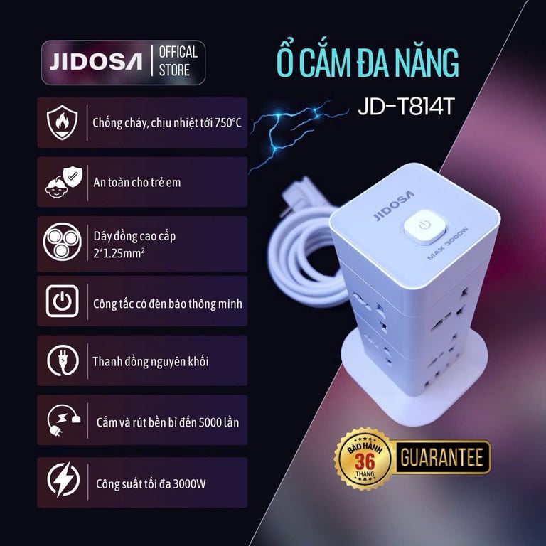 Ổ CẮM ĐIỆN THÁP VUÔNG JIDOSA 3000W  4 cắm, 8 ổ cắm, 12 ổ cắm