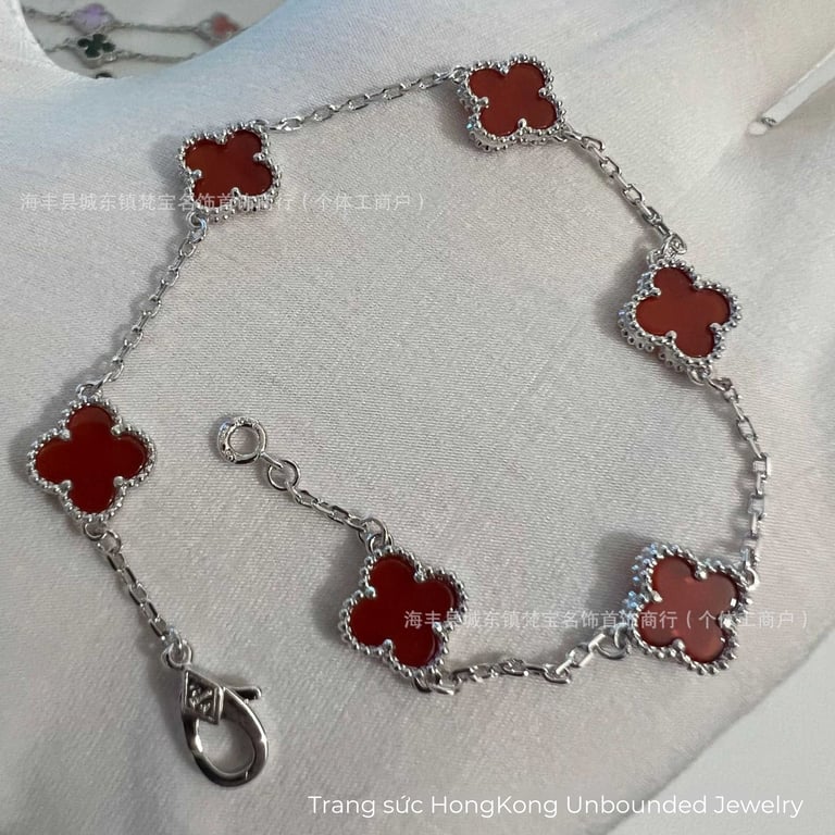 Lắc tay Van Cleef mini 9mm - Full đá carnelian đỏ dây trắng
