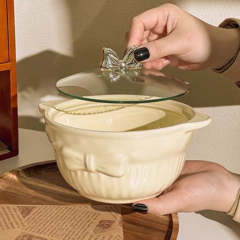 NỒI SỨ KÈM THÌA NẮP HÌNH NƠ SIÊU XINH