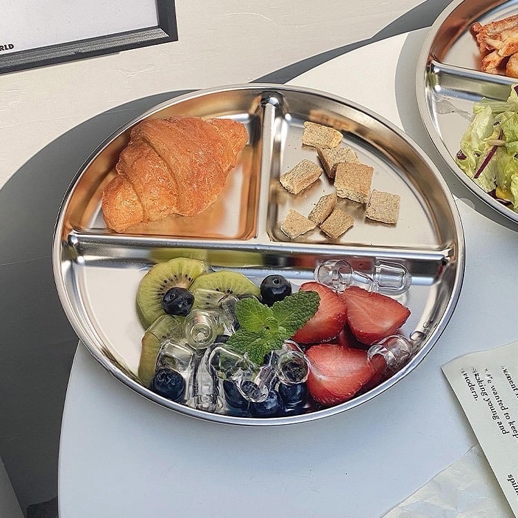 Đĩa 3 Ngăn Inox 304 Sâu Lòng , Kèm 1 thìa và 1 dĩa