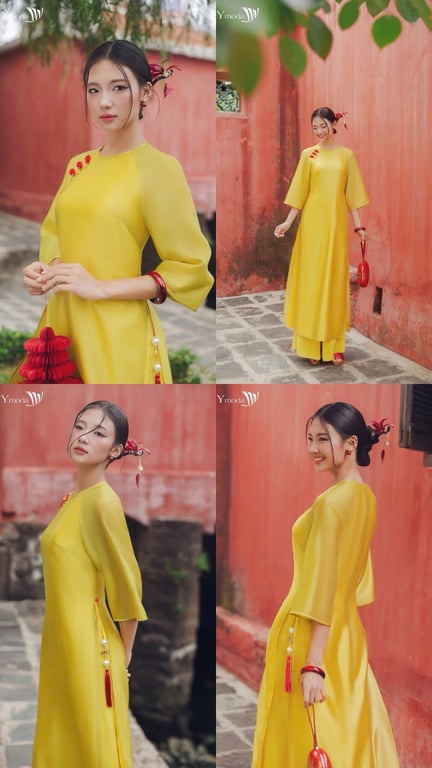 Áo dài vàng nút đỏ - AD051