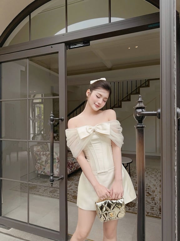 Váy ngắn trắng kem trễ vai nơ - DT259
