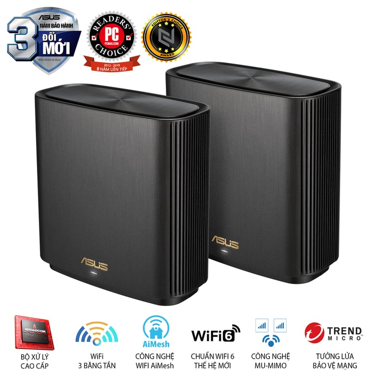 Bộ Định Tuyến Wifi ASUS ZenWiFi XT8 AX (2PK) (MESH WI-FI) Chuẩn AX6600 WiFi 6 (802.11ax) AiMesh 360 2 băng tần, MU-MIMO, AiProtection, 510 m2