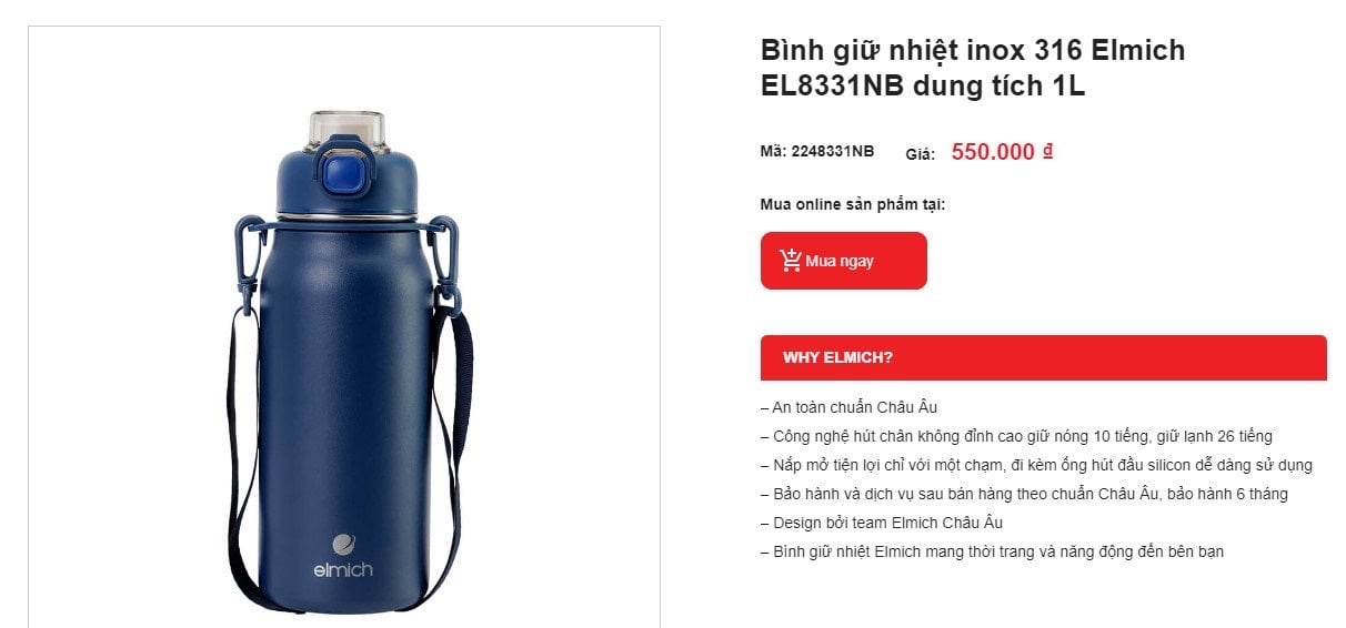 BÌNH GIỮ NHIỆT INOX ELMICH 1L EL8331NB😍