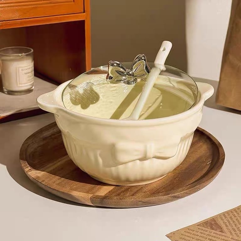 NỒI SỨ KÈM THÌA NẮP HÌNH NƠ SIÊU XINH