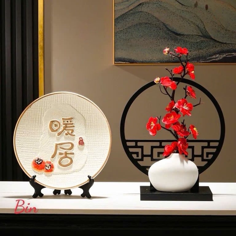 Bộ Bình Hoa Gốm Cao Cấp Kèm Bình Phong Cổ Trang Decor Tết 2025