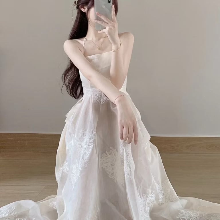 ( Thái Trần Hà Mi )  Set áo 2 dây kèm chân váy midi phong cách Douyin đi chơi, đi chụp ảnh