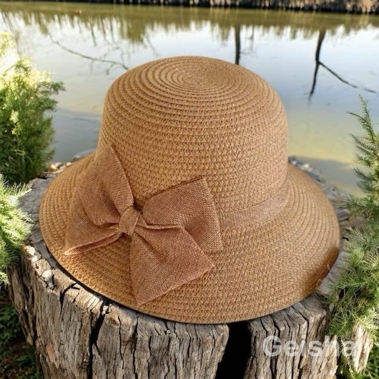 HNG29 -  Set Túi Mũ Cói Geisha đính nơ - Phong Cách Vintage Nhẹ Nhàng