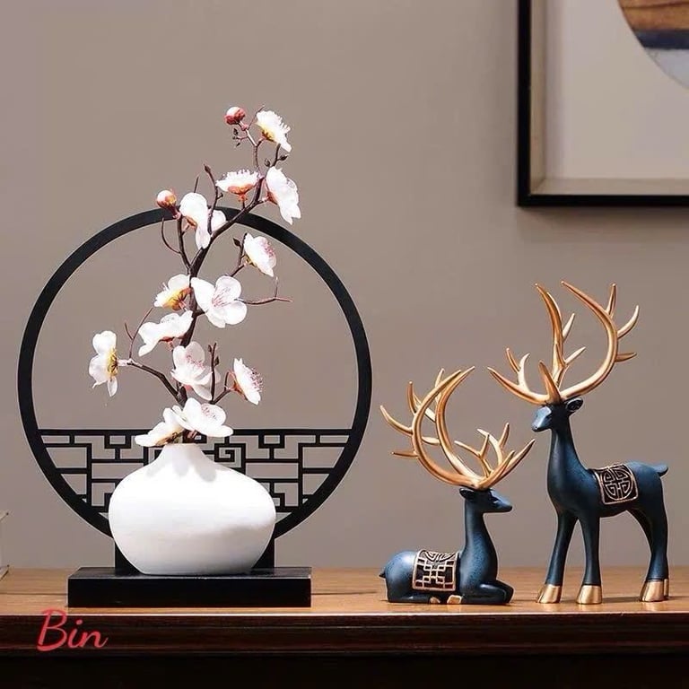 Bộ Bình Hoa Gốm Cao Cấp Kèm Bình Phong Cổ Trang Decor Tết 2025