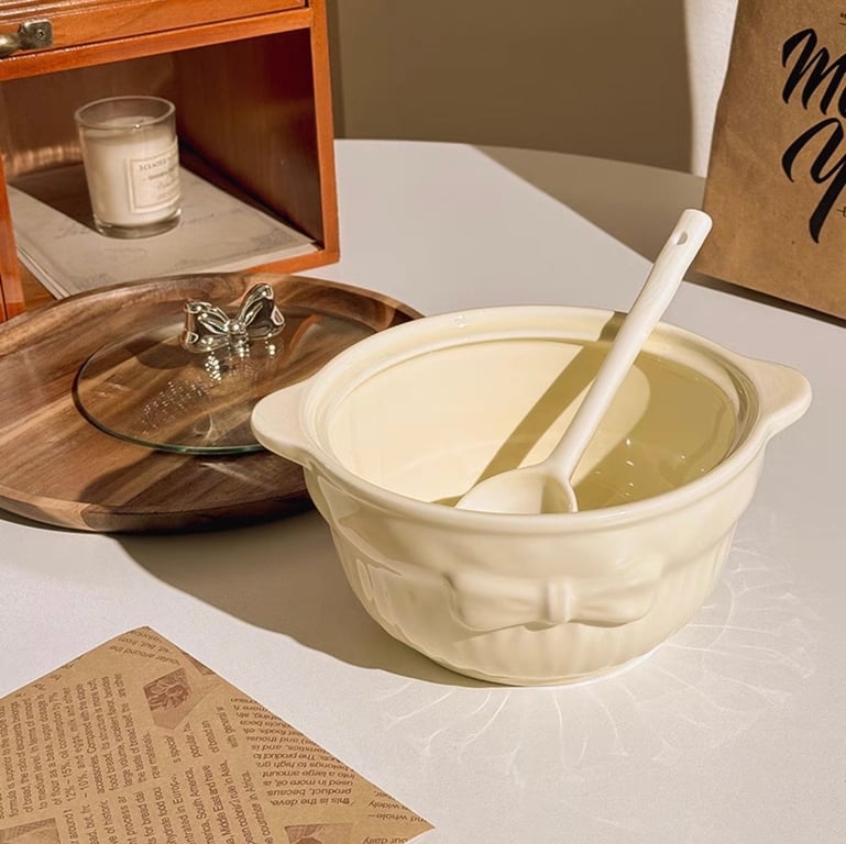 NỒI SỨ KÈM THÌA NẮP HÌNH NƠ SIÊU XINH