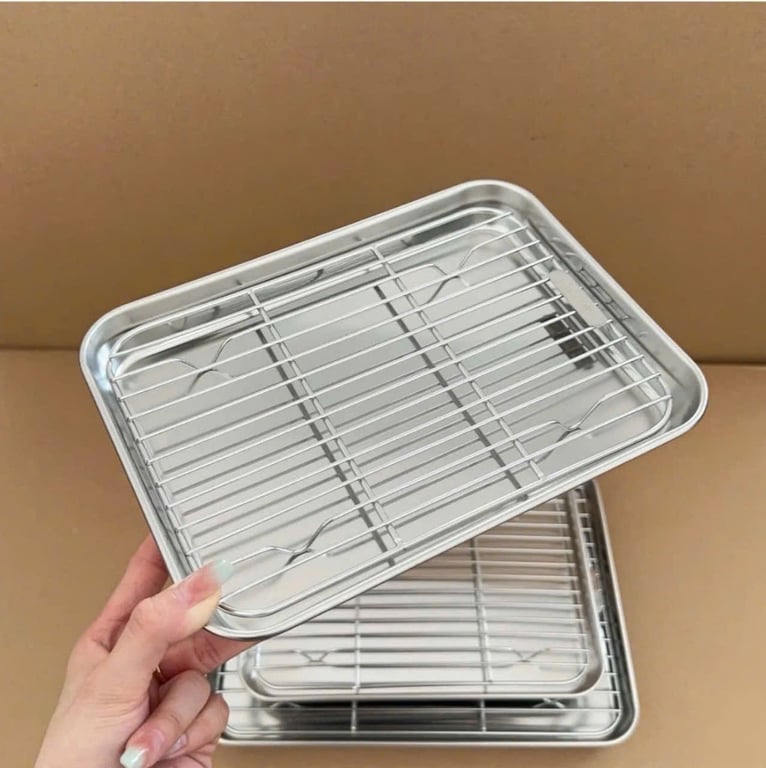 Khay inox chữ nhật kèm vỉ lưới 1 set 1 khay 1 vỉ