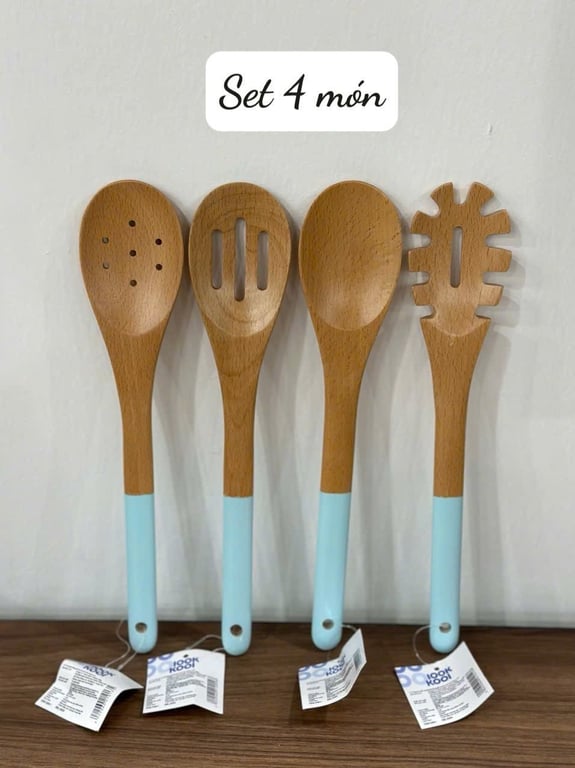 Set 4; 5 món dụng cụ nấu ăn bằng gỗ hàng siêu thị Nhật