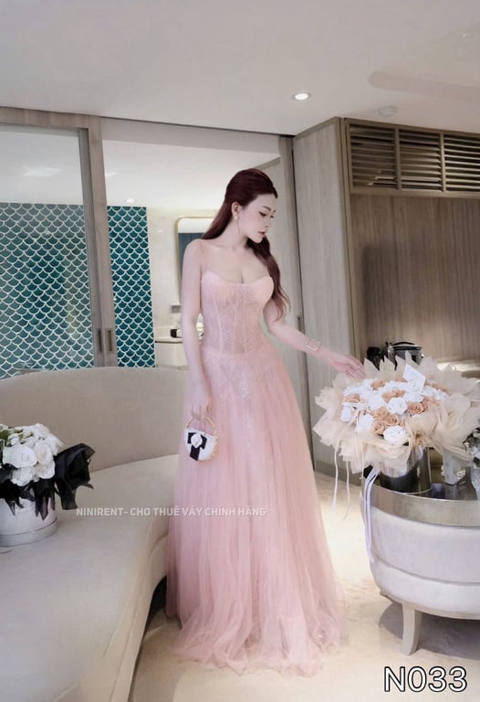 N033- váy hồng dài cúp ngực