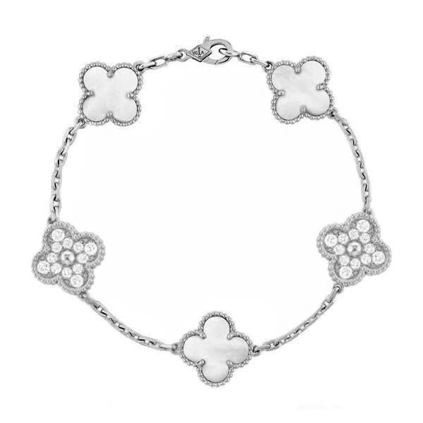 Lắc Vintage Alhambra bracelet 5 motifs Van Cleef & Arpels (Xà cừ trắng phối kim cương)