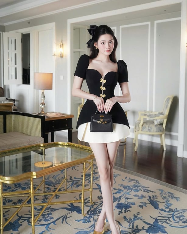 Set đầm tiểu thư tay bồng đính nơ Chouchou