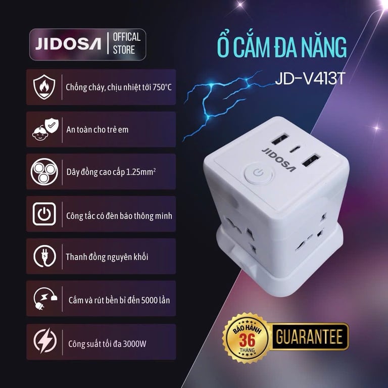 Ổ CẮM ĐIỆN THÁP VUÔNG JIDOSA 3000W  4 cắm, 8 ổ cắm, 12 ổ cắm