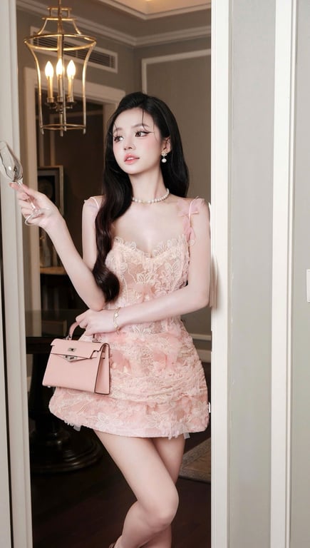 Váy hồng ngắn dây ren đính hoa bướm - DT246