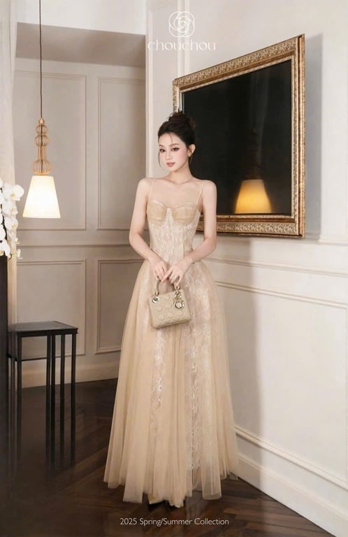 Chouchou - Váy nâu 2 dây ren phối lưới - sz M