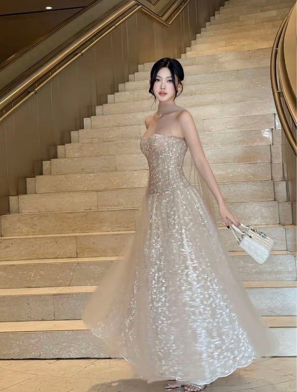 Đầm thiết kế dự tiệc kim sa voan chéo