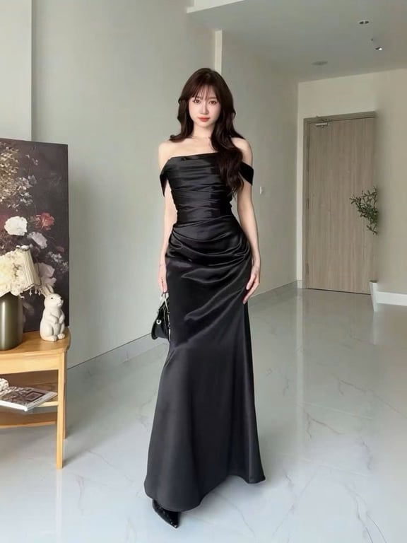 Đầm lụa thiết kế xếp ly phần tay trễ vai Brand Wonderhouse