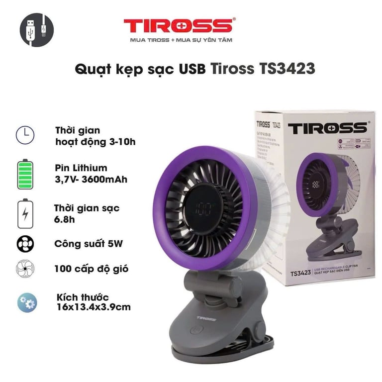 Quạt kẹp sạc điện đa năng mini USB Tiross TS3423